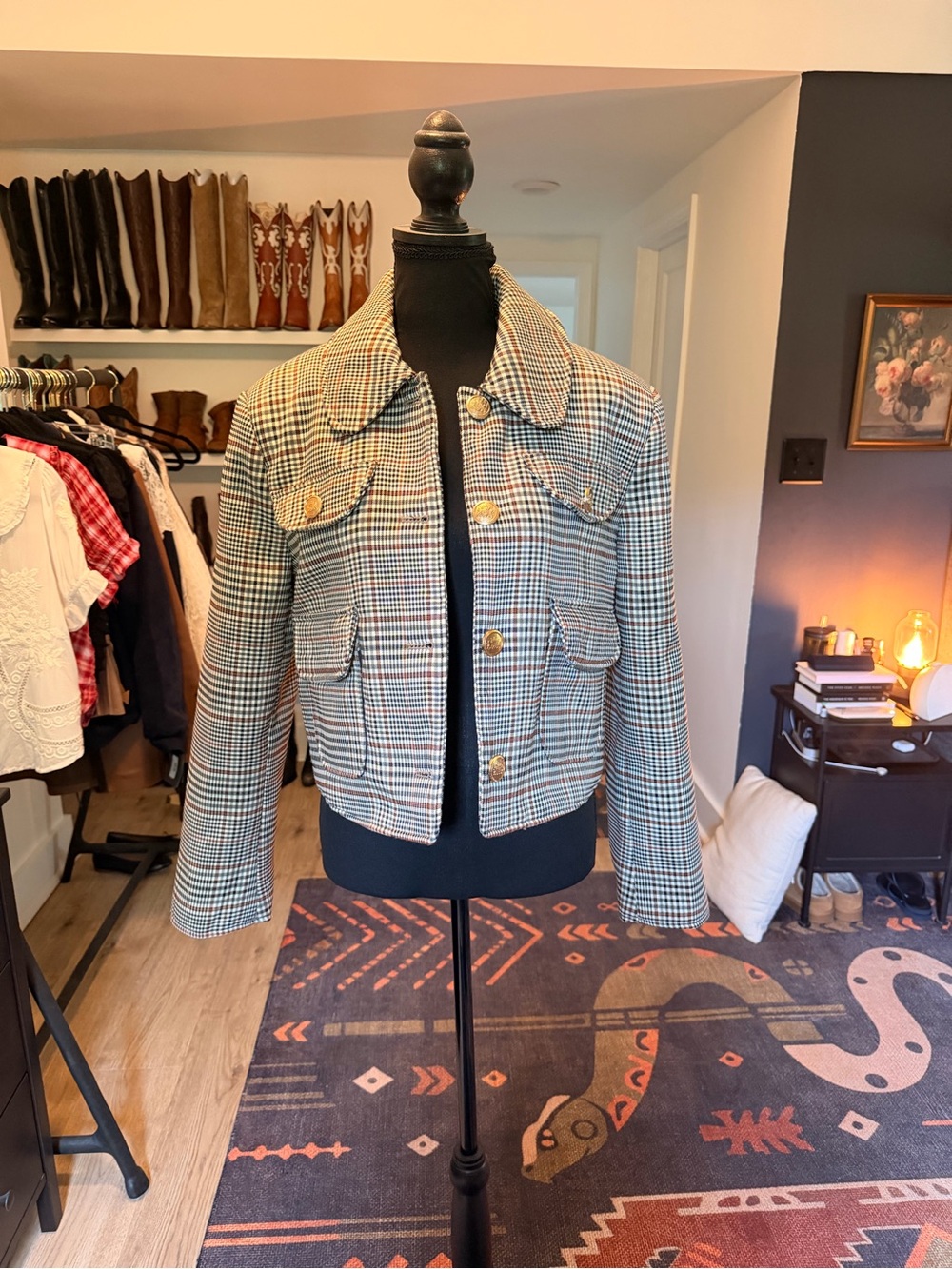 Avec Les Filles English Tartan Four Pocket Beige & Black Cropped Blazer